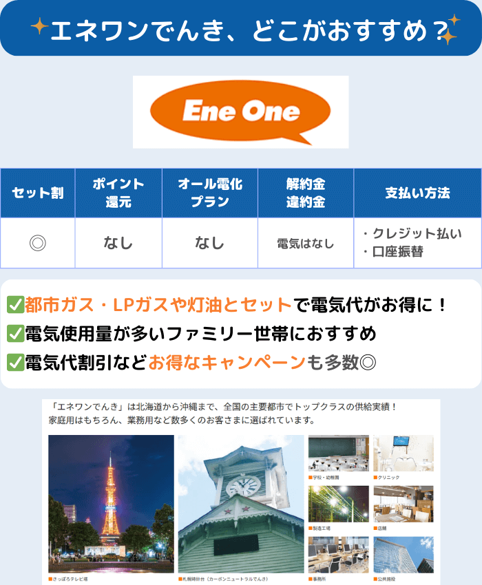【北海道電力エリアでおすすめの電力会社3位】エネワンでんきのおすすめポイント：使用量に合わせた3つのプラン、都市ガス・LPガス・灯油とまとめて電気代がさらにお得！