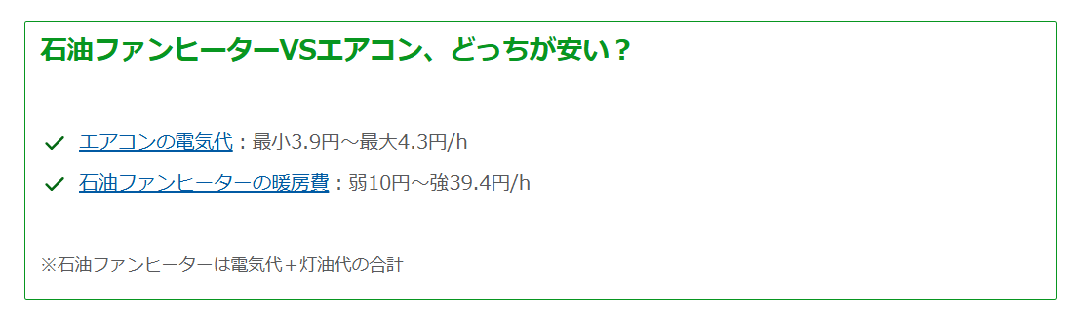 電気代と灯油代を含めた石油ファンヒーターのコストとエアコンの電気代を比較